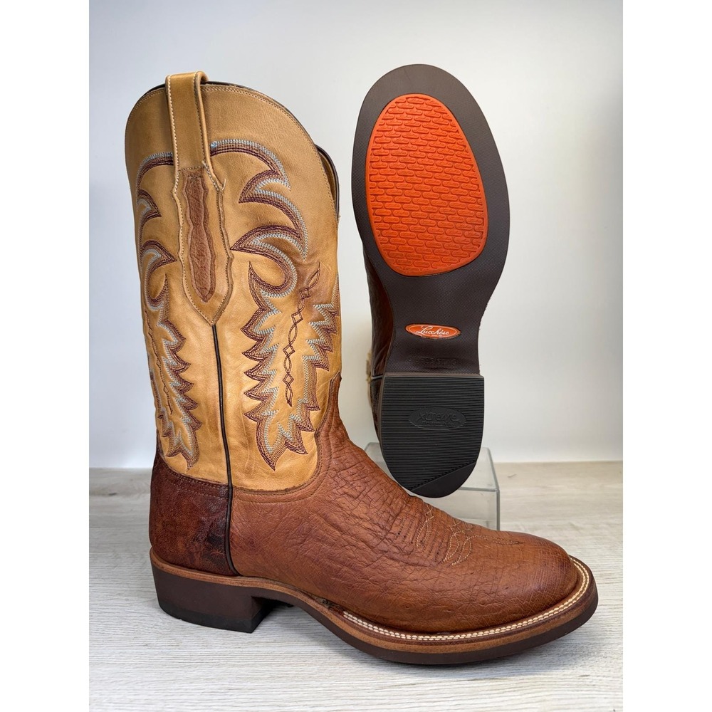 Lucchese Exotic Men 11D Cowboy Boots Smooth Ostrich Bullhide Brown Tan 14in Tall